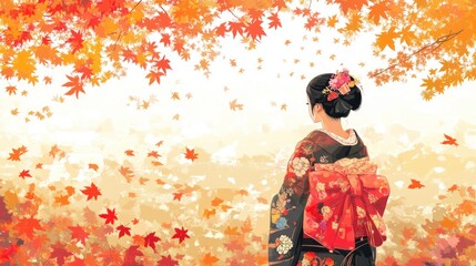A woman in traditional Japanese attire stands amidst autumn leaves, gazing into the distance. Autumn colors and falling leaves surround her.