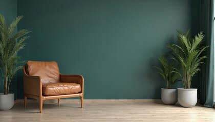 Modern living room interior with dark teal wall, wooden floor, cozy leather armchair, potted plants. Minimalist design, space for relaxation, indoor home architecture, elegance, contemporary style.