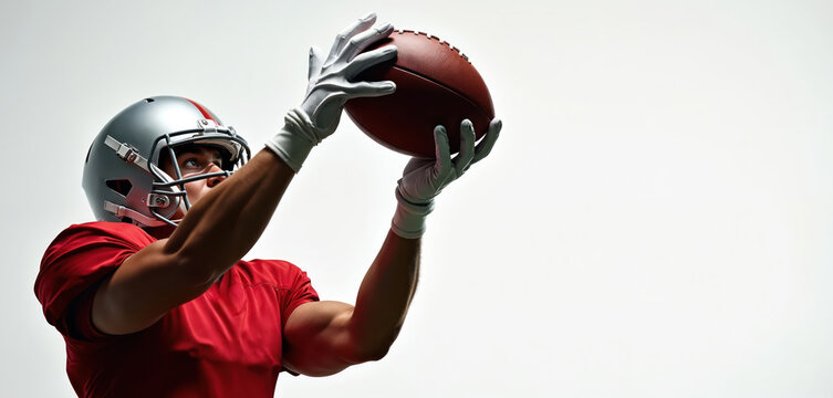 American football player in red uniform and silver helmet catching the ball. Athlete with gloves jumps, raises hands to grab ball. Sport competition, motion game, skill demonstration concept.