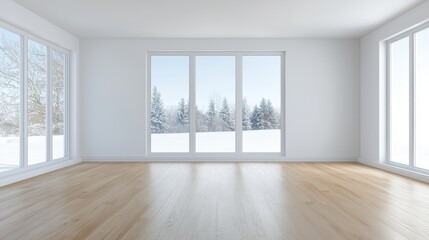 Bright, empty room with large windows overlooking snowy landscape, featuring modern wooden flooring and white walls.