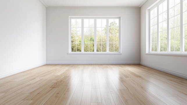 Bright, empty room with large windows and wooden flooring, filled with natural light.