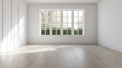 Bright empty room with large window, natural light, and hardwood floor, perfect for interior design inspiration.