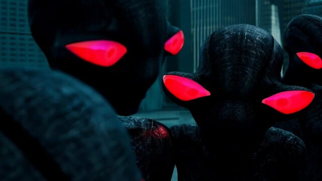 A dystopian AI-controlled society with glowing red eyes.