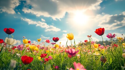 A colorful field of blossoming flowers beneath a bright sunny sky