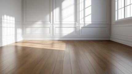 Bright empty room with wooden flooring and sunlight streaming through tall windows in a classic interior setting.