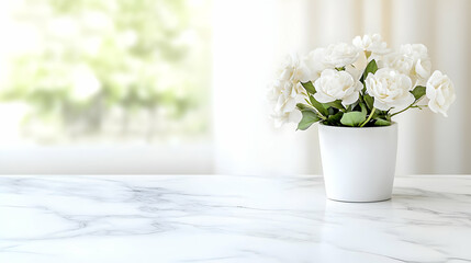 Fototapeta premium Elegant White Flowers in a Simple White Pot on a Marble Tabletop