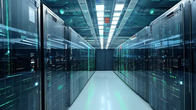 high tech data center filled glowing servers blinking lights showcasing futuristic digital infrastructure ultra clear high definition video footage