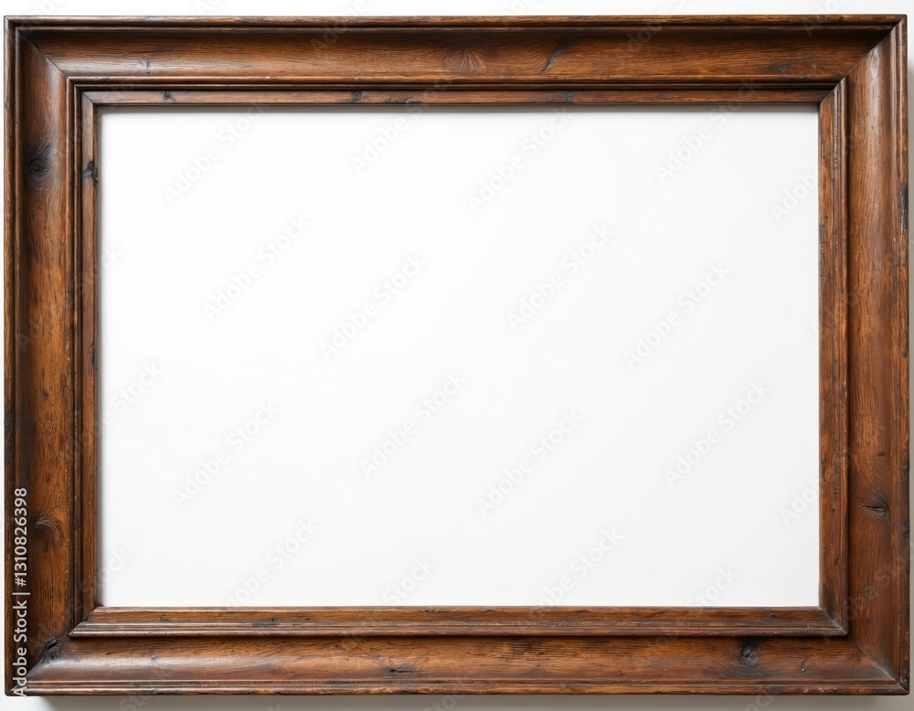 Poster Old brown wooden picture frame for paintings or photos. Empty aged framework with rectangular plank baguette board. Interior decor element for vintage image, artwork. Isolated on white.