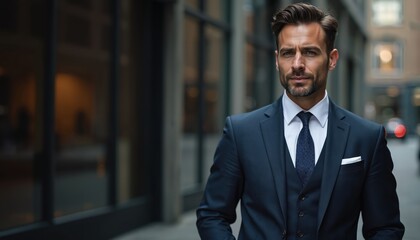Fototapeta premium Pro man in tailored navy suit, tie stands confidently in urban setting, showing style, success. Male model looks elegant, masculine. Sharp executive in modern work attire. Sleek clothing quality,