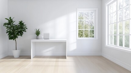 Bright minimalist room with white desk, potted plant, and large windows letting in natural light.