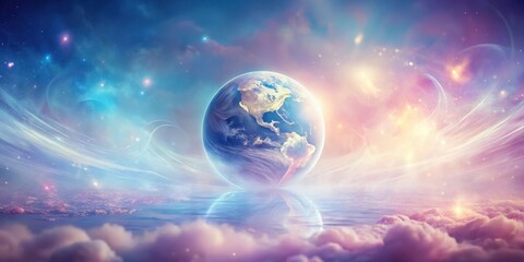 Serene Celestial Orb Reflecting on a Dreamlike Seascape of Clouds and Cosmic Dust