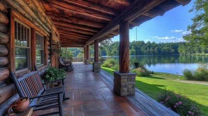 Log cabin porch overlooking serene lake