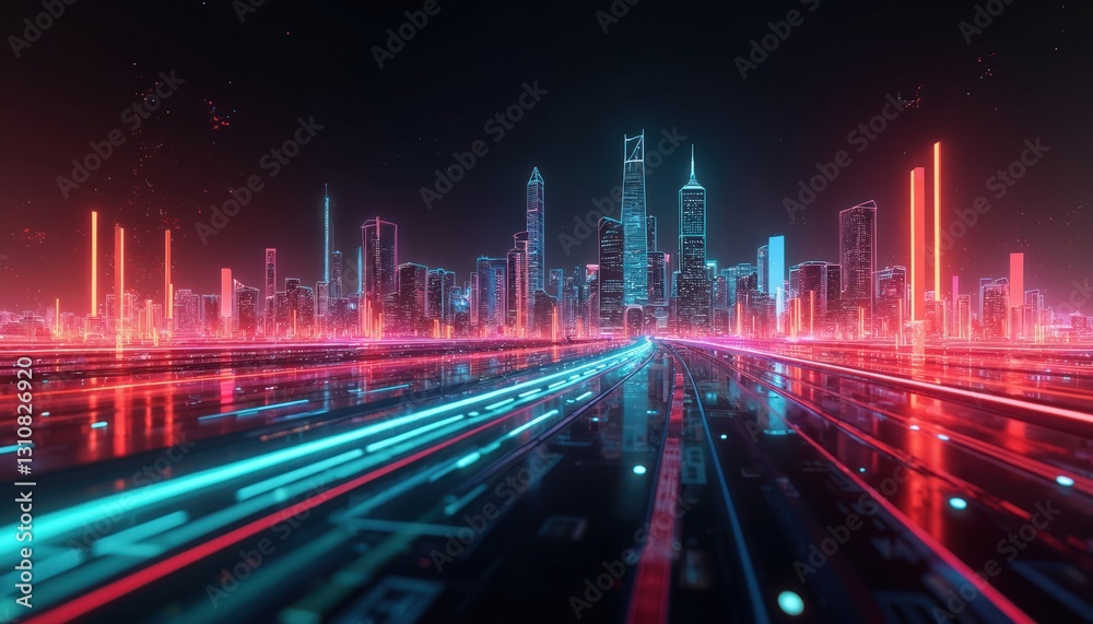 Aufkleber abstract neon futuristic city with glowing lines. skyline with skyscrapers. concept of communication