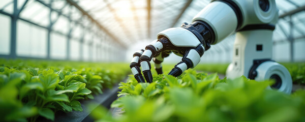 Robotic arm tends green plants in modern greenhouse, optimized conditions. Agricultural tech innovation, automation. Robot hand monitors growth, precision maintenance, virtual control, collection.