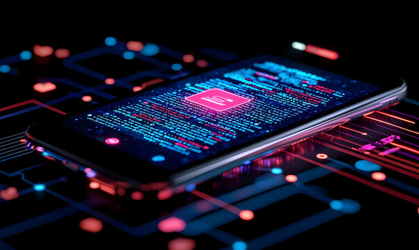 Smartphone on Circuit Board with Neon Glowing Digital Elements