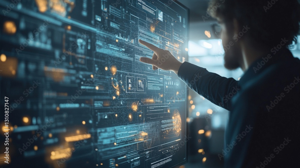 Poster software engineer pointing at futuristic transparent display showing big data analysis, charts, grap