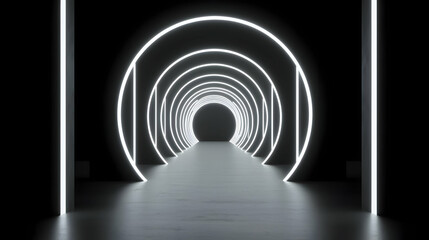 Naklejka premium Futuristic glowing tunnel with neon rings in dark space