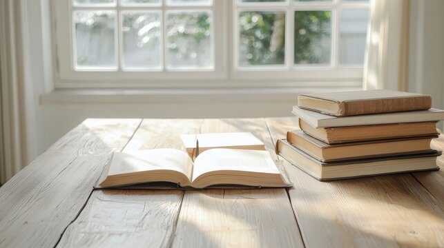 Cozy reading nook with open books on wooden table by bright window, evoking comfort and relaxation.