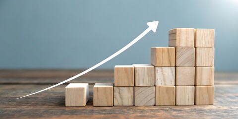 Wooden Stack Showing Business Growth. Ascending Wooden Blocks Illustrating Growth And Progress Toward Success Goals Achieved Step By Step
