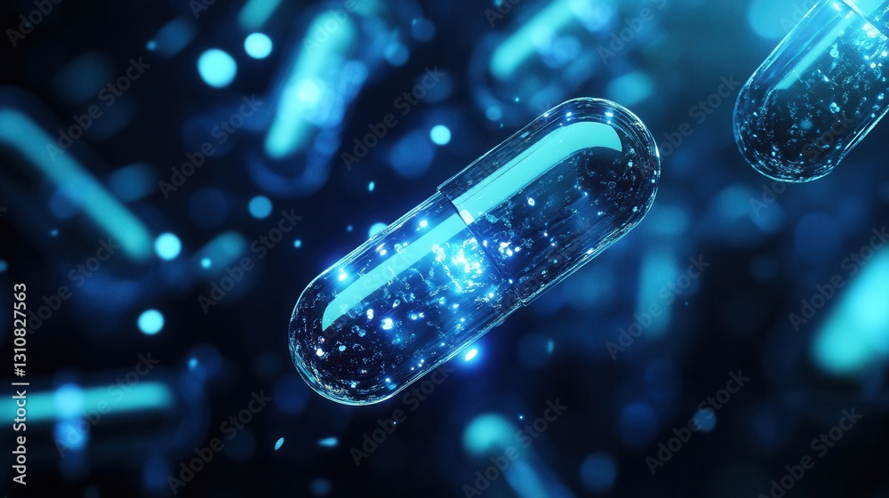 Poster glowing blue capsules illuminate a dark space with futuristic medical design and abstract elements f