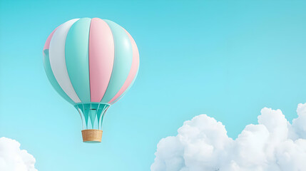 Fototapeta premium Colorful Hot Air Balloon Floating in a Bright Blue Sky with Clouds