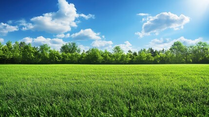 Obraz premium Lush green field under a vibrant blue sky, trees line the horizon. Perfect for nature, environmental, or summer themes, evokes serenity and peace.
