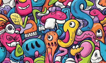 Vibrant Abstract Illustration with Playful Characters and Shapes