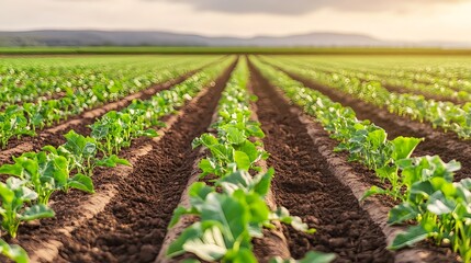 Lush Green Rows of Crops in Agricultural Field - Sustainable Agricu.