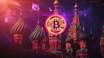 Futuristic Hologram of Bitcoin Pulsing Above Colorful Towers