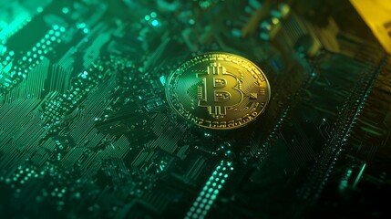 Golden Bitcoin Coin on Circuit Board Background