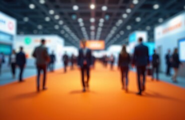 Blurred motion of people walking in modern international trade show. Defocused crowd in exhibition center creates dynamic background for business themes. Abstract shot of conference, meeting,