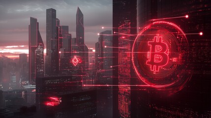 Futuristic Cityscape with Floating Bitcoin and Digital Currency Symbols