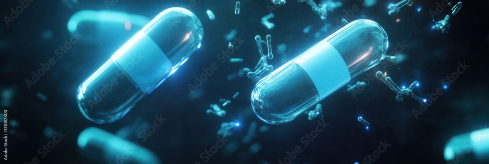 Poster glowing capsules emit soft blue light in a dark environment showcasing a futuristic and abstract med