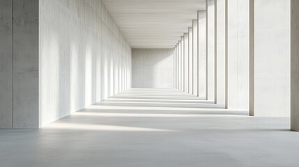 Fototapeta premium Minimalist architectural interior with long hallway and columns, creating depth and symmetry in natural light.