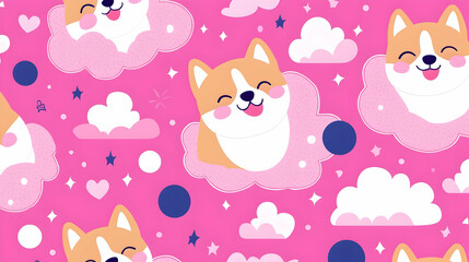 Playful Corgis in Clouds on a Bright Pink Background Design