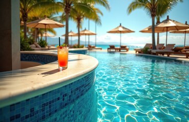 Close-up of cocktail on swim-up bar counter with turquoise water in tropical resort. Palm trees, sun loungers at pool on summer vacation. Relax on holiday.