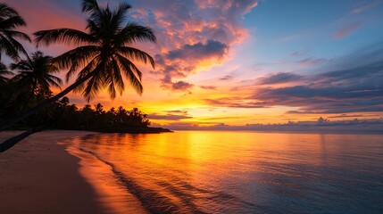 Tropical Sunset Beach Palm Trees Ocean - Vibrant color palettes