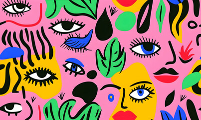 Colorful Abstract Faces and Shapes with Stylized Features on Pink