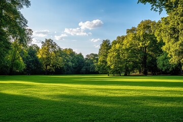 Fototapeta premium Lush green park with vibrant trees under a sunny sky. Ideal for nature, peace, and tranquility themes, perfect for travel brochures or websites.