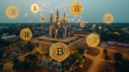 Holographic Bitcoin Symbols Swirling Above a Modern Structure