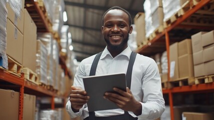 Smiling warehouse worker uses tablet. Image ideal for logistics, inventory, and technology themes.