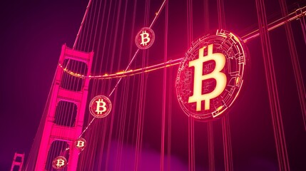 Floating Bitcoin Symbols in Neon Glow Over Iconic Bridge Scene