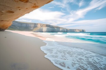 Under a rocky overhang, the sunlit beach stretches with gentle waves lapping the shore. Distant cliffs rise against a blue sky. Serene, coastal landscape