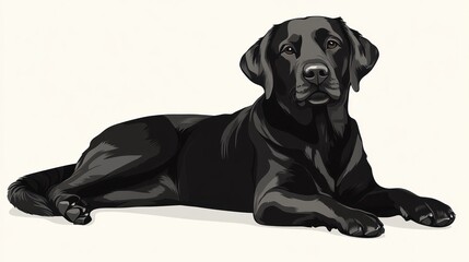 Black Labrador Retriever lying down, looking forward. Detailed illustration of a black dog, in a calm and attentive posture.