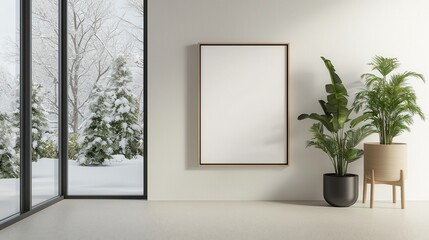 Minimalist interior design with large window, empty frame, and indoor plants overlooking a snowy landscape.