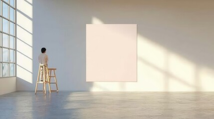 Minimalist interior with a single artist contemplating a blank canvas, bathed in natural sunlight.