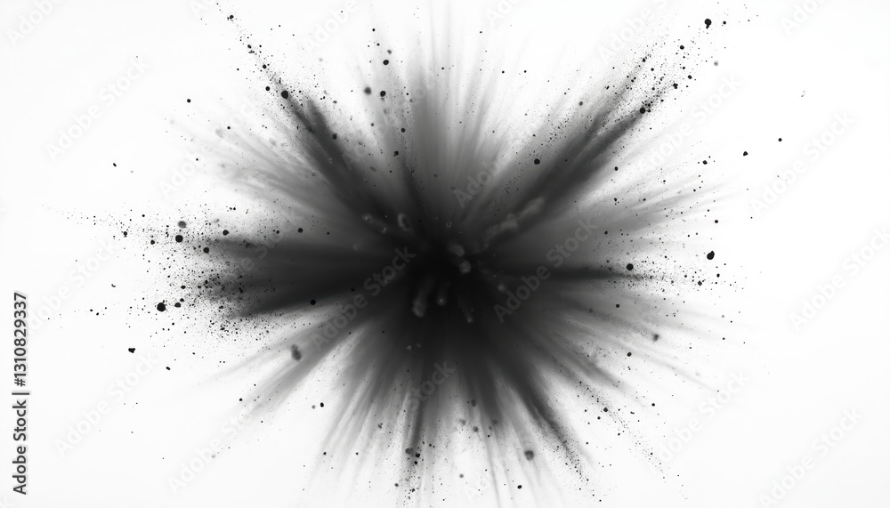 Poster abstract black dust explosion on white backdrop. dark powder splash burst. particle splatter texture