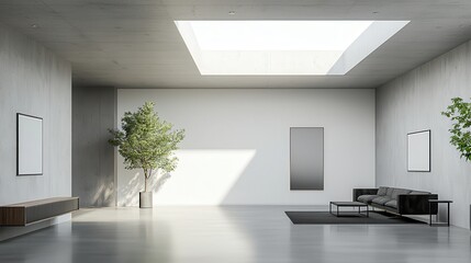 Minimalist interior with large skylight, modern furniture, and potted plants creating a serene ambiance.