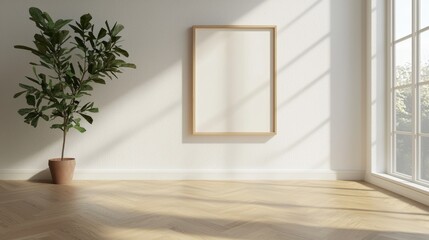 Minimalist interior with large window, empty frame, and potted plant on wooden floor, sunlight streaming in.