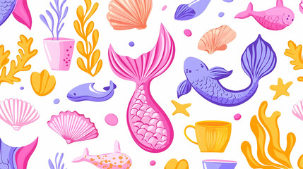 Colorful Underwater Pattern with Fish, Shells, and Sea Plants